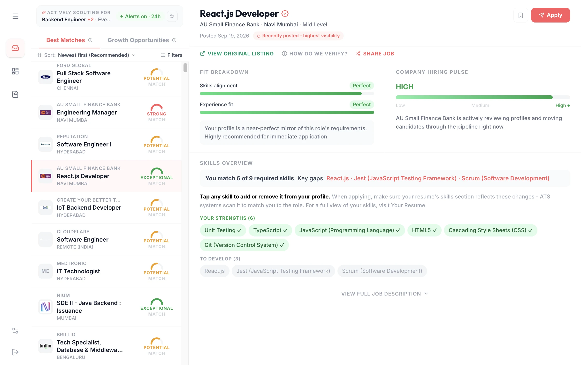 ASAI job discovery feed showing match tiers, ghost shield badges, and hiring intent signals