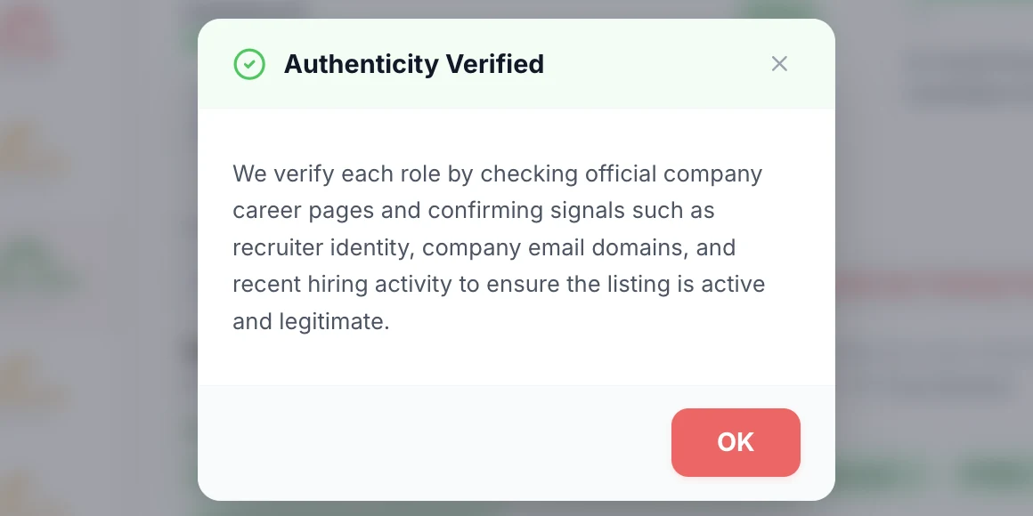 Authenticity Verified note explaining how each listing is checked against the company careers page